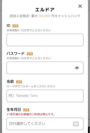 エルドアカジノ　必要事項入力