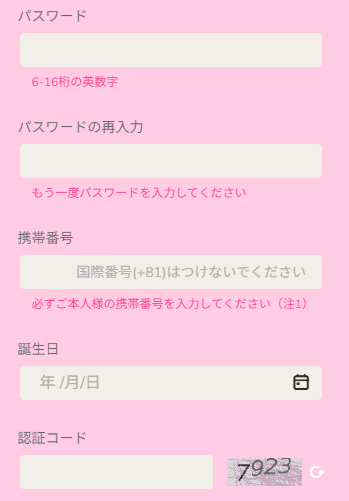 パスワード・携帯電話番号・誕生日を入力